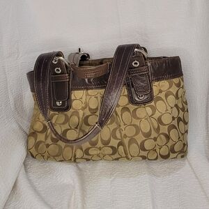 Coach Signature Brown Jacquard Buckle Handle Handbag